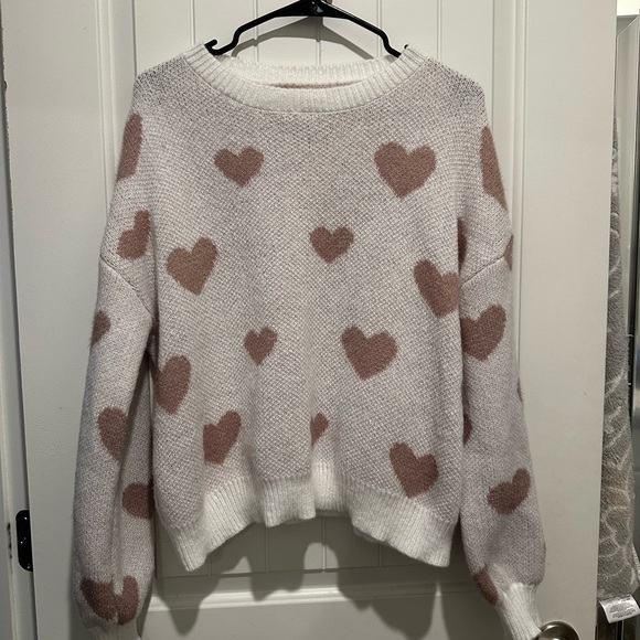 SHEIN Sweaters - SHEIN White and Brown Crew Neck Heart Sweater